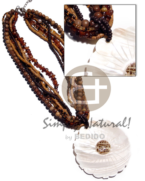 7 rows amber horn nuggets,robles wood beads,glass beads, 2-3mm mustard coco heishe 2-3mm coco Pokalet brown  pearl beads accent and 80mm kabibe flower  skin nectar pendant - Home