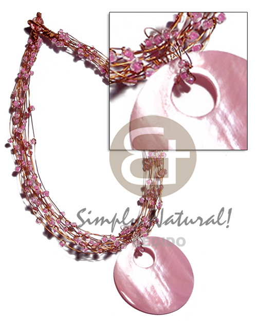 13 rows copper wire choker  pink glass beads & 60mm round kabibe shell in pink pendant - Home