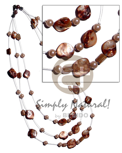 floating golden brown kabibe shell nuggets in 3 graduated rows of magic wire  28" / 24" / 22"   pearl beads accent - Home