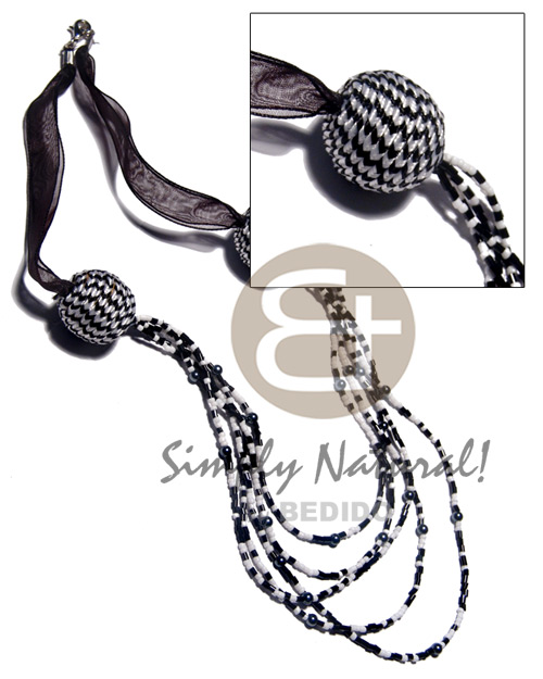 5 r0ws black/white glass beads in graduated layerr 24"/23"/22"/21"/20"  20mm wrapped wood beads and organza ribbon - Home