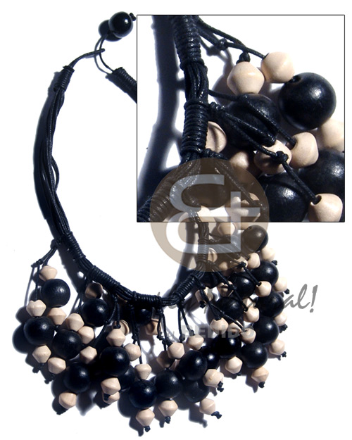 cleopatra / 15 r0ws wax cord  dangling 15mm round black nat.wood beads & 10mm saucer nat. wood beads / black and white tones - Home