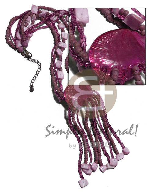 tassled laminated mussel shell  4 layers white rose, 2-3mm coco Pokalet and glass beads in dark magenta tones / 16in plus 3in tassles - Home