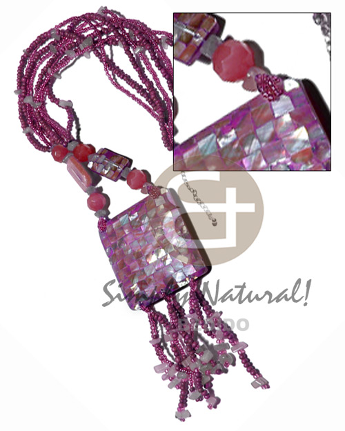 4 rows glass beads, 2-3mm coco Pokalet  stone nuggets, 2 pcs. rectangular 20mmx15mm hammershell blocking  tassled 55mm square hammershell blocking pendant / pink tones / 22in plus 2.5in tassles - Home