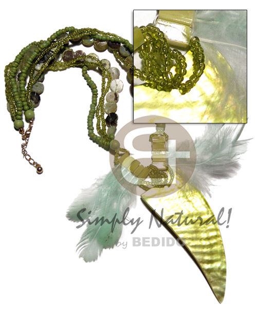 4 rows 2-3mm coco Pokalet, glass beads, floating 10mm hammershell heishe combination   feathered 90mmx32mm  tusk kabibe shell pendant / lime green tones / 18mm - Home