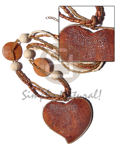 3 rows 2-3mm bleach coco heishe/glass beads/bayong rice beads combination  15mm/30mm textured wood beads accent and matching textured heart bayong  gold nito pendant trimmings/holder / 28in - Home