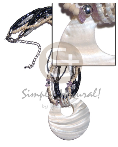 45mm round nat. kabibe shell pendant on 5 layers cuts glass beads and 2-3mm coco Pokalet combination - Home