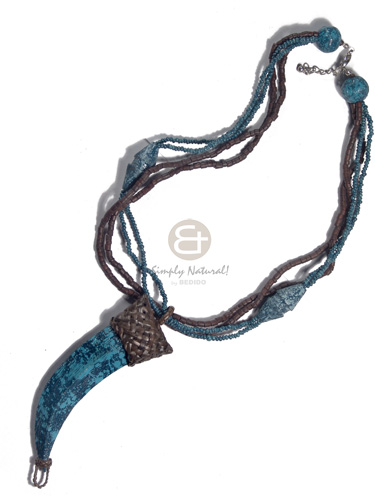 2 rows brown 2-3mm coco heishe and 2 rows blue glass beads  textured brush painted/marbled wood beads accent and 100mmx30mm matching fang pendant  nito holder / 18in - Home