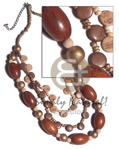 2-3mm coco Pokalet in gold tones  graduated 3 layers 10mm coco side drill  and oval 25mmx15mm wood beads combination  /  14in/16in/18in / ext. chain - Home