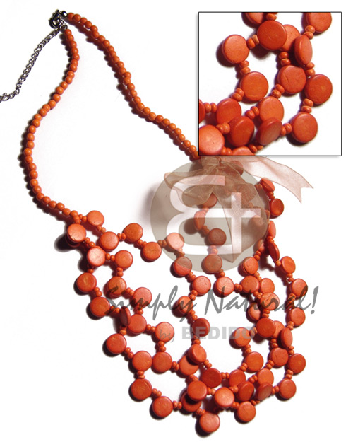 3 graduated rows of 10mm orange coco sidedrill  organza ribbon accent  and orange wood beads neckline/ 24in plus  ext. chain - Home