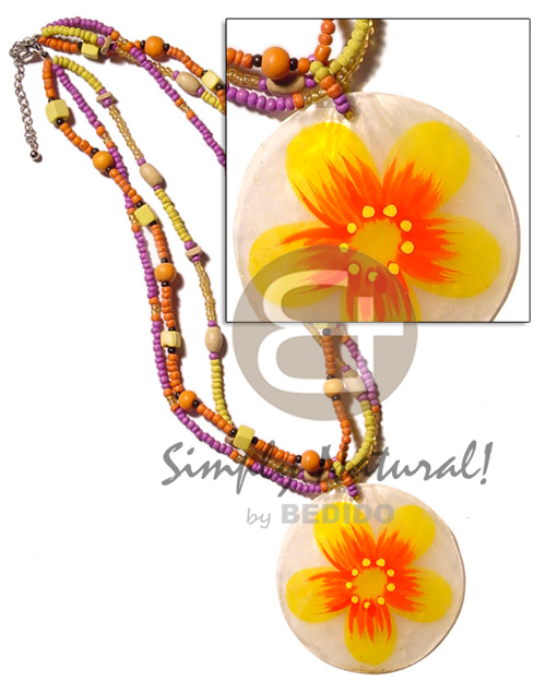 3 rows 2-3mm coco Pokalet. yelloorange/lavender combination  wood beads & 50mm handpainted capiz shell pendant - Home