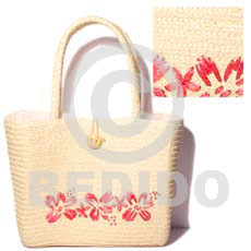 pandan bag with pink straw and inner lining -  l=10.5 in. w= 8.5 in. base = 4 in. - Home