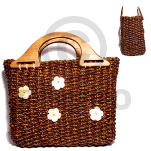 pandan rope bag with wood handle/ medium/ 9x4 1/2x 7 in/ handle 8 1/2  8 pcs. 30mm flower MOP - Home
