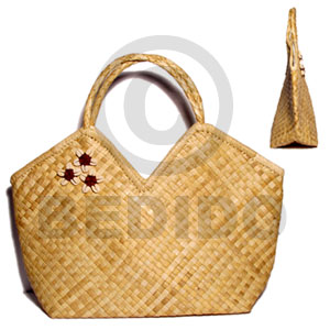 pandan v-bag/ 11x4 1/2x10 in / handle 6 in.  cowrie sigay shell accent - Home