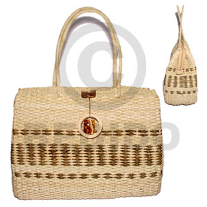 pandan indo braided with zipper/ 17x6 1/2x 13 in. / handle 9 in.  dangling brown.bleach coco ring & cowrie tiger shell - Home