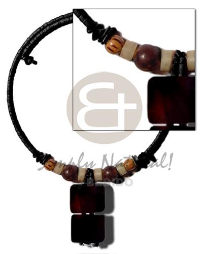 black 2-3mm coco heishe wire choker  buri & wood beads accent  dangling two 20mmx25mm rectangular black tab  resin backing pendant - Home