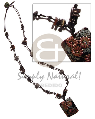rectangular 45mmx35mm handpainted rectangular blacktab pendant in knotted wax cord  shell 7 buri beads accent - Home