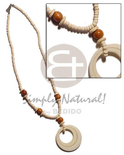 40mm double ring white bone pendant in 2-3mm coco Pokalet. bleach w. wood beads accent - Home