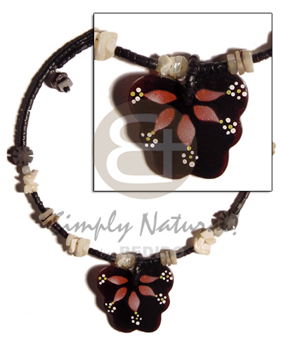 35mm blacktab handpainted pendant in choker wire 2-3 heishe black coco  buri & shell beads  accent - Home