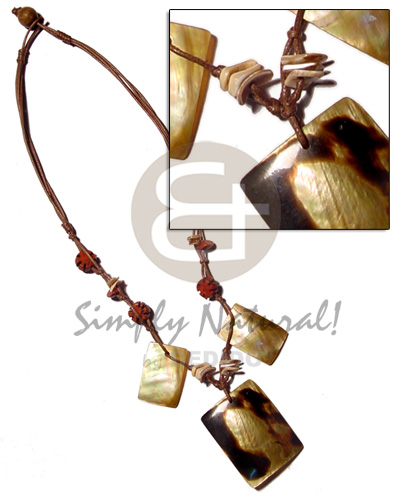 40mmx35mm sq. brownlip tiger pendant in double wax cord  seed & shell bead accent & 2 dangling 30mmx25mm MOP - Home