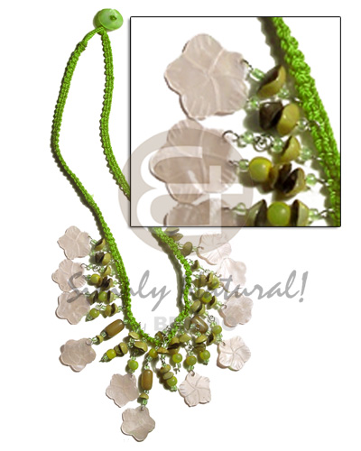 lime green macrame  dangling 15mm nat. flower hammershells  buri seeds - Home