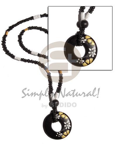 2-3mm black coco Pokalet.  wood heishe,white clam combination & 40mm coco donut pendant  embossed painting - Home