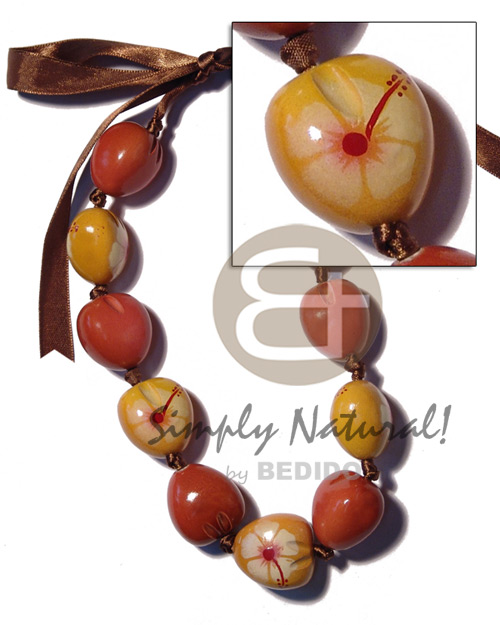 kukui nut  choker in graduated red orange & mustard combination   two sided design ( 11pcs. ) / adjustable ribbon - Home