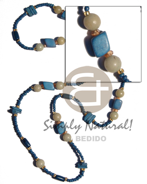 blue wood beads / coco square cut /buri beads combination  in 2-3mm blue coco Pokalet. neckline / 36 in - Home