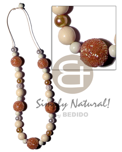 20mm wrapped wood beads in golden cut glass beads  15mm /10mm buffed bleached wood beads , pearl combination in wax cord / 28 in - Home