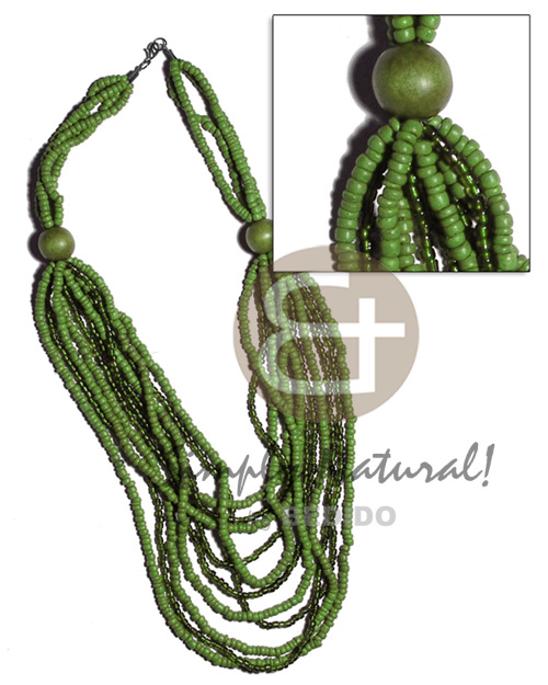 4 rows  graduated multilayered  4-5mm coco Pokalet beads  4 rows 4mm glass beads and  20mm round wood beads accent / olive green tones / 32 in - Home
