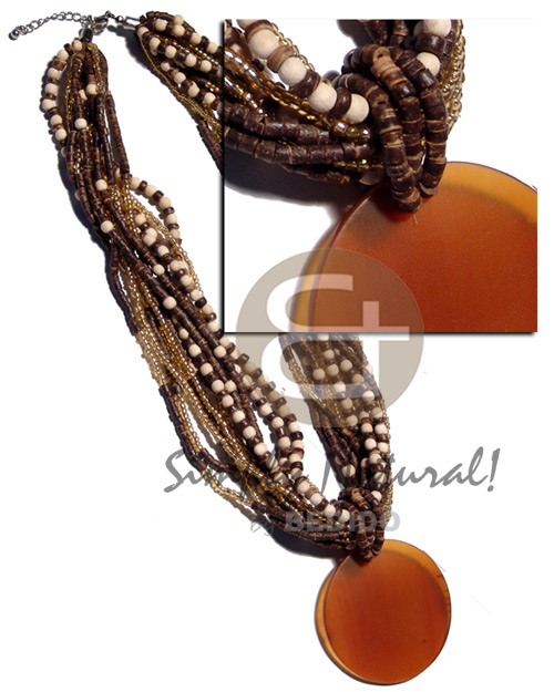 12 rows of glass beads, 4-5mm nat. brown coco Pokalet ,2-3mm nat. brown coco heishe  nat. white wood beads combination and 55mm amber horn pendant / 20 in. - Home