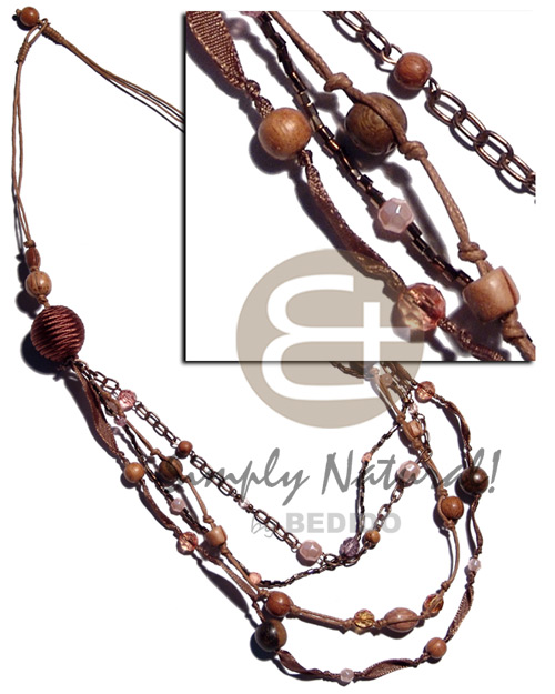 brown tones /2 layers wax cord  matching wrapped 20mm wood beads, 4 graduated layers of metal chain,ribbon,glass beads,wax cords  asstd. round wood beads ,acrylic beads combination / 28 in. - Home