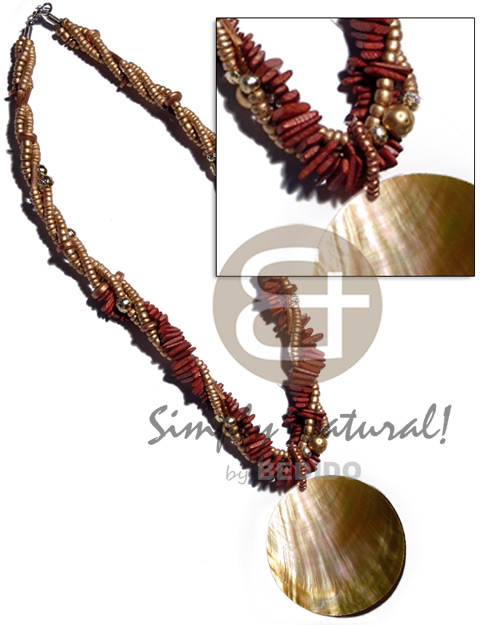 3 rows twisted - 4-5mm gold coco Pokalet  gold beads accent, reddish brown coco chips and 70mm round brownlip shell pendant / 22 in. - Home