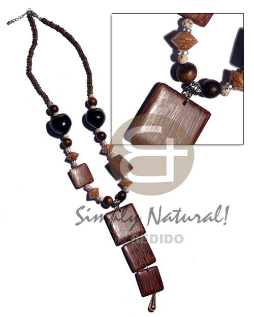 4-5mm nat. brown coco Pokalet.  brown kukui nuts, buri tiger seed.wood beads, 25mm square palmwood  dangling graduated palmwood squares  - 40mm/33mm/28mm / 32 in. including dangling pendants - Home