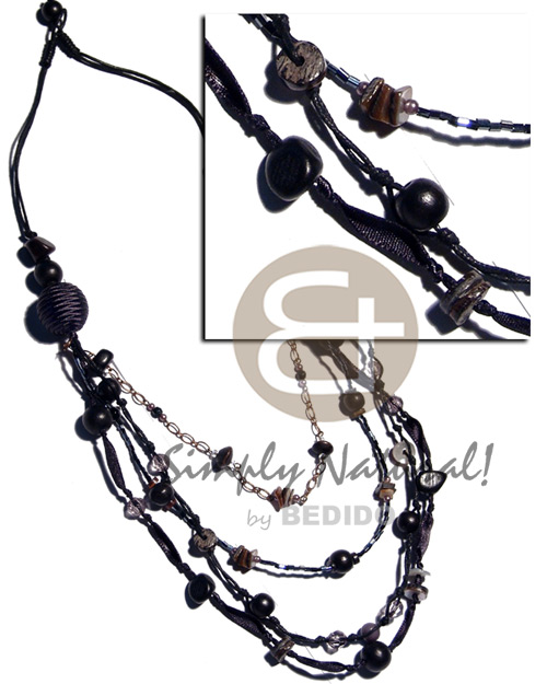 black / 2 layers wax cord  matching wrapped 20mm wood beads, 4 graduated layers of metal chain,ribbon,glass beads,wax cords  asstd. round wood beads ,acrylic beads combination /28 in - Home