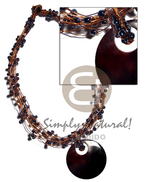 13 rows copper wire choker  hematite glass beads & 60mm round black tab shell pendant - Home