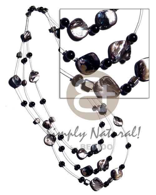 floating black kabibe shell nuggets in 3 graduated rows of magic wire  28" / 24" / 22"   pearl beads accent - Home