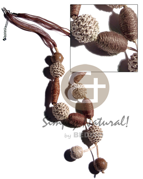 tassled asstd. rope wrapped wood beads & crumpled painted paper textured wood beads accent in wax cord and ribbon / 24 in. - Home