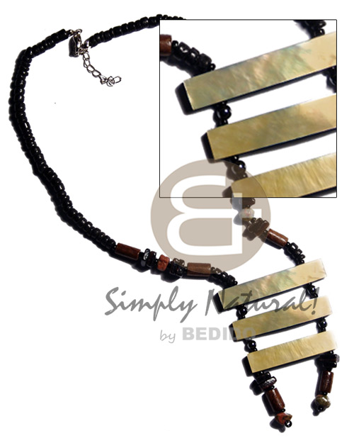 3 graduated MOP bars  resin backing - 50mmx10mm / 45mmx10mm/40mmx10mm  in black 4-5mm coco Pokalet  shell and wood beads accent - Home