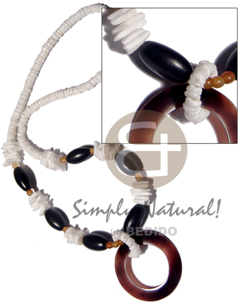 4-5mm white clam heishe  nat. wood black capsule & white rose shell  35mm blacktab ring pendant - Home