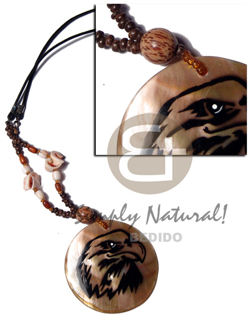 50mm brownlip pendant  handpainted eagle on wax cord  red luhuanus /wood beads accent - Home