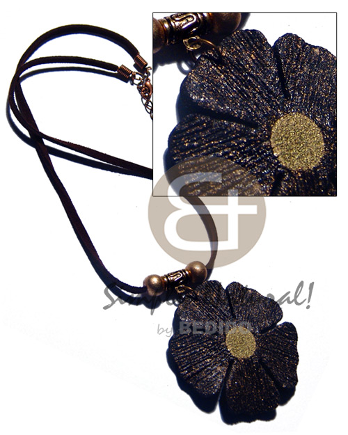 50mm flower black textured painted wood  metallic gold splashing in dark brown leather thong - Home