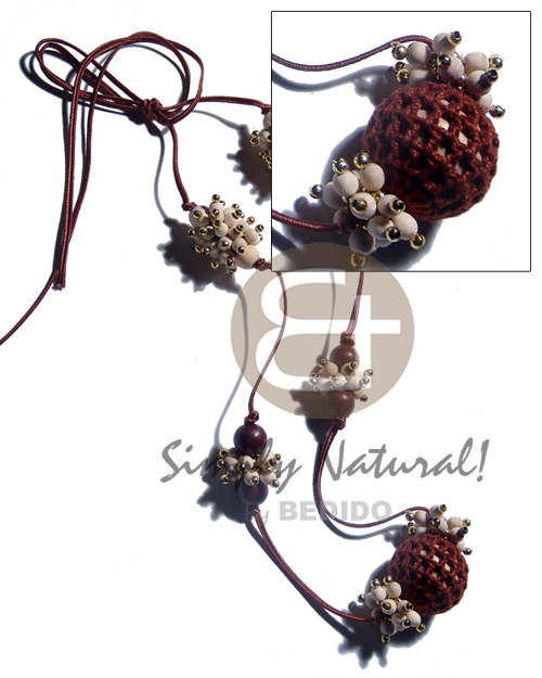 nat. white ricebeads  pinhead beads, 25mm wrapped wood beads and 10mm nat. wood beads in brown combination in satin adjustable cord / 38 in. - Home
