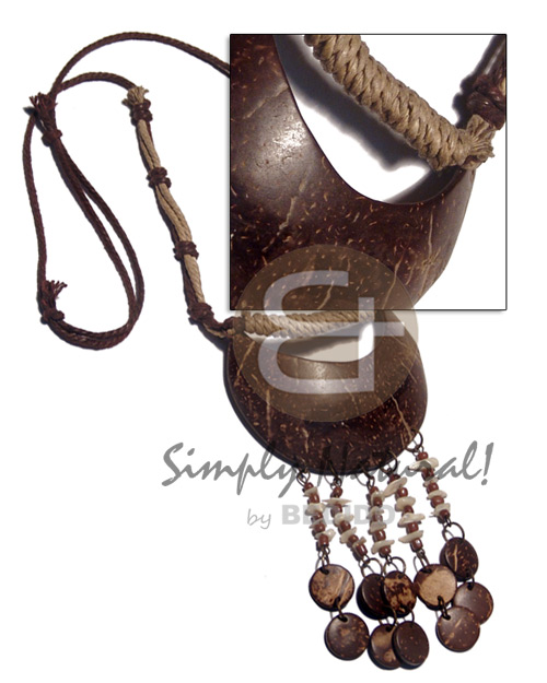 brown/beige wax knotted wax cord 80mmx70mm quarter moon coco nat. brown tassled pendant  dangling shell chips and 15mm  coco nat. brown circles / adjustable 24 in. - Home