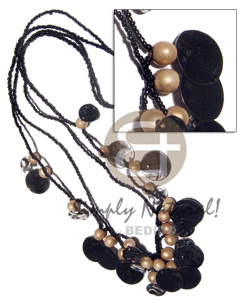 2 graduated layers( 27in/25in ) black beads   metallic 8mm gold round wood beads and dangling 20mm round 11pcs. blacktab shells /black and white tones /  27. in - Home
