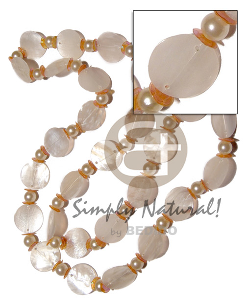 27 pcs. single row 25mm nat. white round hammershells  pearl beads and orange sequins accent / 38in - Home