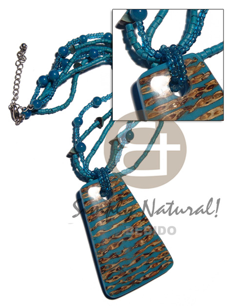 3 rows glass beads, 2-3mm coco heishe  buri nuggets accent and 72mmx50mm laminated twigs  resin backing pendant in dark cyan tones / 16in - Home