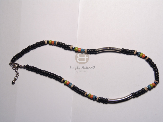 3 layers black glass beads/ rice beads  nuggets accent and oval pendant -  70mmx50mm marbled stone  nito weave accent /  26in. - Home