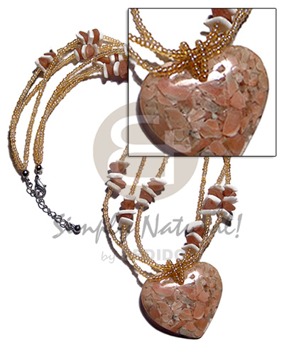 3 layers glass beads/white rose/buri seed nuggets combination  heart shape corals 35mmx40mm in clear resin / peach tones / 18in. - Home