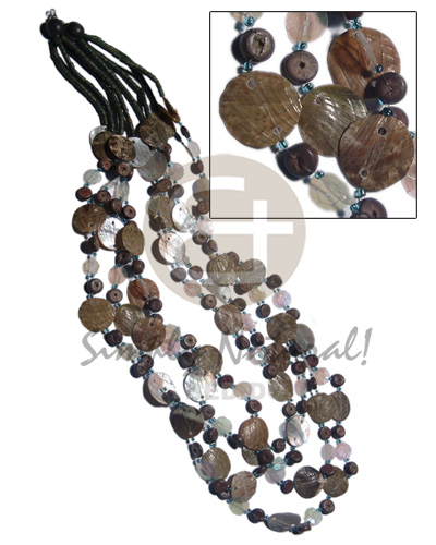 15mm woods beads,  glitter wraps and crochet, buri tiger nuggets,  crumple painted kukui nut combination in 2 rows wax cord / in gray,black, silver metallic tones / 34in - Home