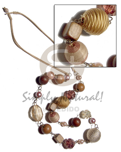 2 layers wax cord   asstd. wood beads, pearls, wrapped and crystal  accent in metal links / 34in - Home